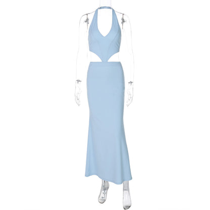 Low Cut V neck Halter Faux Two Pieces Backless Lace up Dress