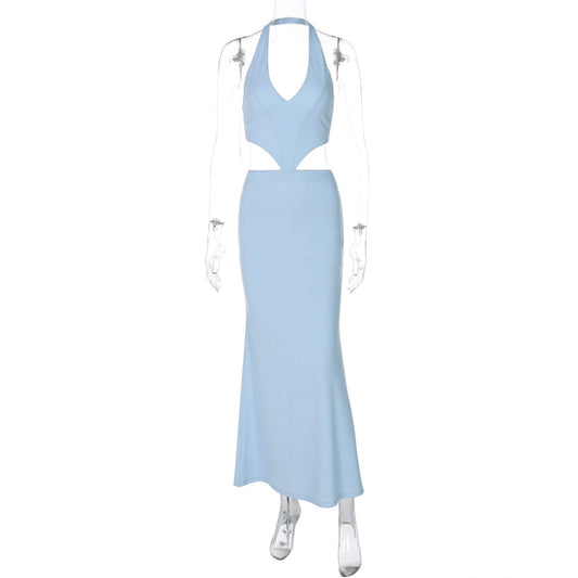 Low Cut V neck Halter Faux Two Pieces Backless Lace up Dress