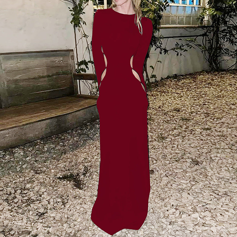 Long Sleeve Round Neck Maxi Dress Cutout Slim Fit Dress
