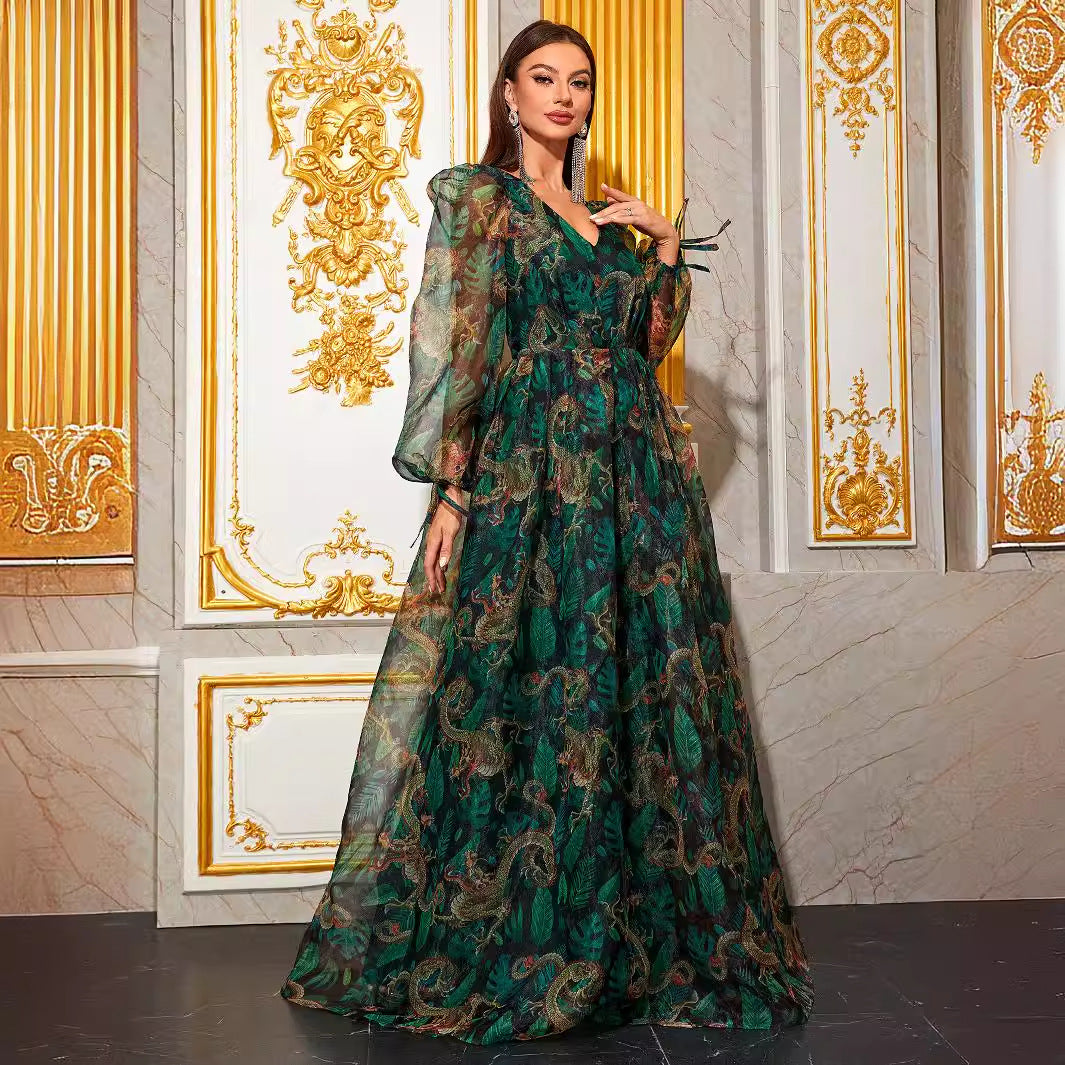 Vacation Dress V Neck Printed Long Sleeve Maxi Dress