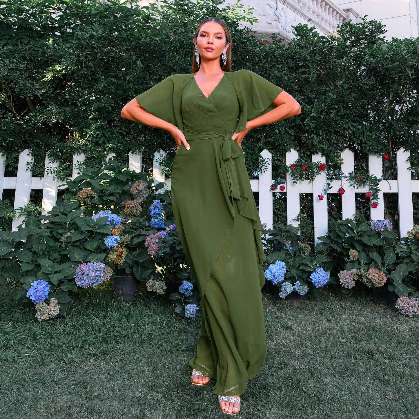 Elegant V Neck Short Sleeve Waist Controlled Beach Vacation Long Bohemian Large Swing