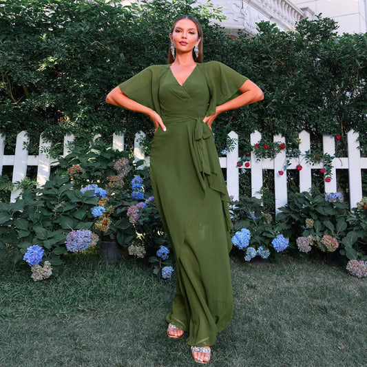 Elegant V Neck Short Sleeve Waist Controlled Beach Vacation Long Bohemian Large Swing