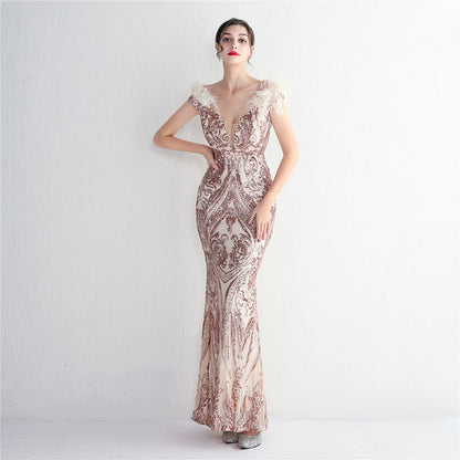 High Density Three Dimensional Strong Sequin Positioning Floral Craft Handmade Wool Cocktail Slim Fit Evening Dress