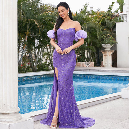 Elegant Long Sequined Short Sleeve Wrapped Chest Backless Cocktail Evening Dress Bridesmaid