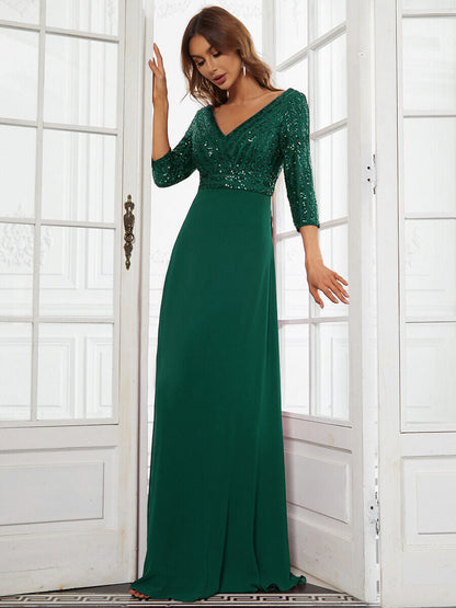 Middle East Chiffon Double V neck Dress A line Large Hem Sequin Stitching Evening Dress