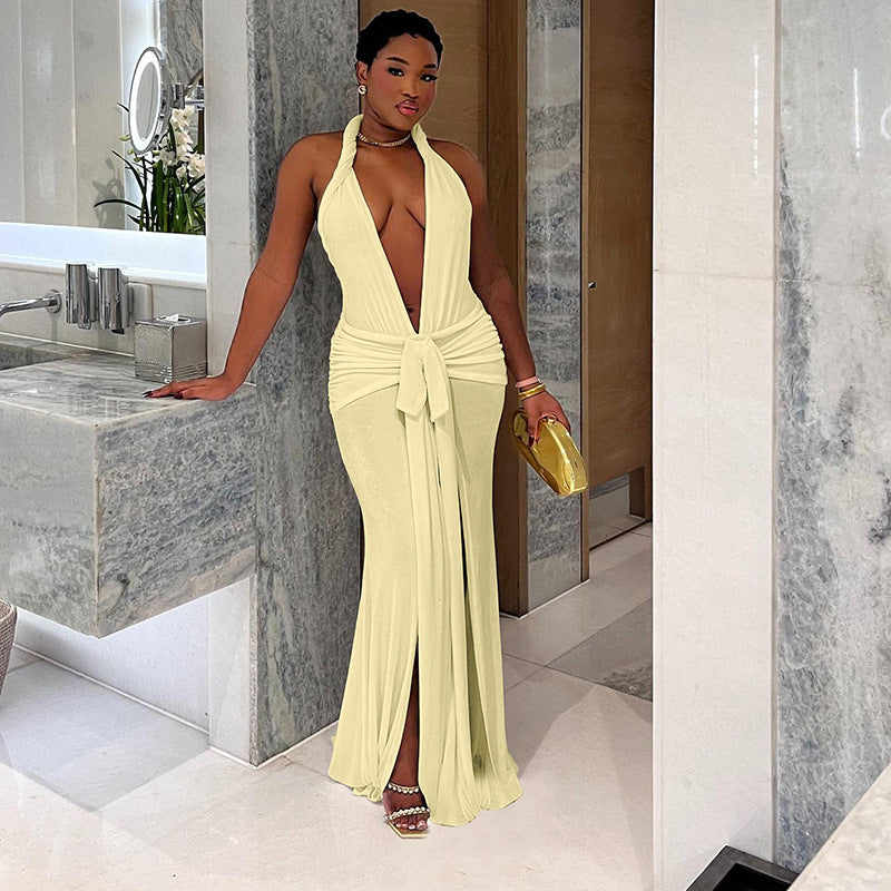 Backless Halter Deep V Plunge neck Solid Color Split