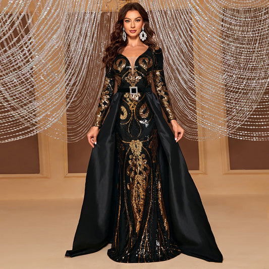 Heavy Work Evening Dress Sequined Long Sleeve Cape Party Dress Dress Elegant Cocktail Maxi Dress
