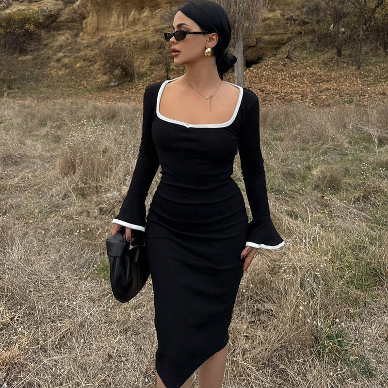 Square Collar Contrast Color Knitted Midi Dress Bell Sleeve Sheath
