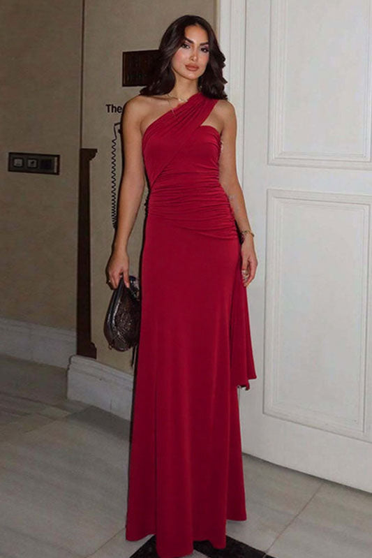 Dark Burgundy Draped Asymmetric Maxi Dress