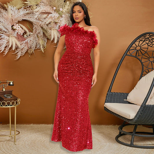 Black Paillette Feather Stitching Sequin Evening Dress Maxi Dress for