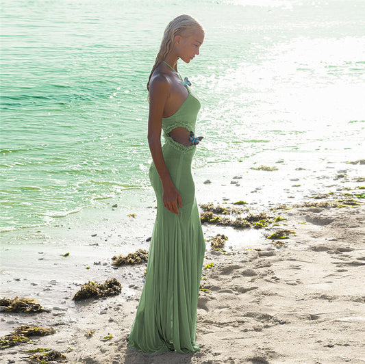 Vacation Design Butterfly Halter Backless Hollow Out Cutout Slim Dress