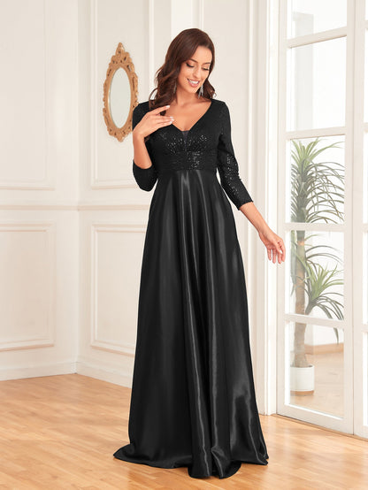 Blue Color Sequin V neck Long Sleeve Dress Satin Dress Slim Fit A line Dress Bridesmaid Cocktail Evening Dress