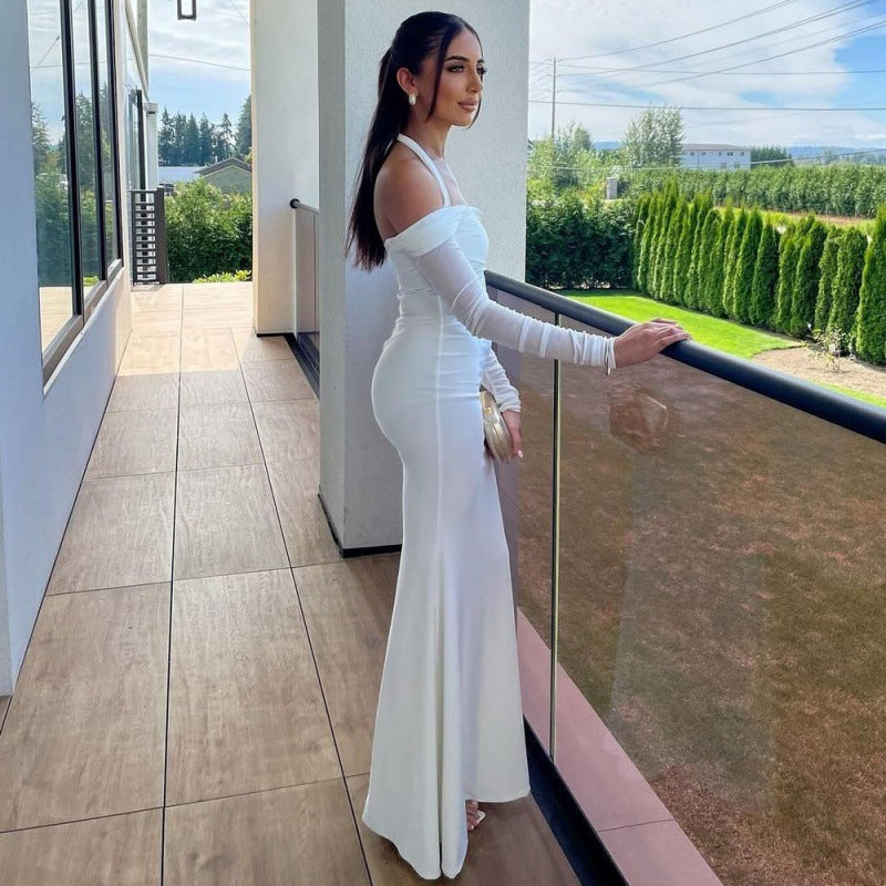 Personality Slim Fit Halterneck Long Sleeved Lace up off Shoulder Dress