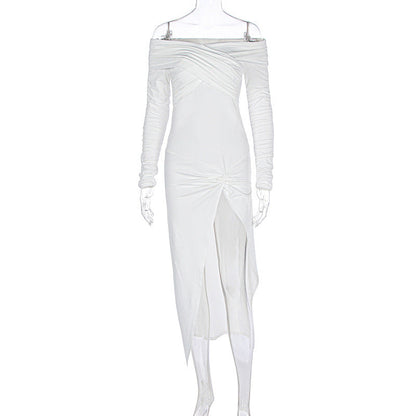 Solid Color off the Shoulder Tube Top Split Pleated Long Sleeve Dress