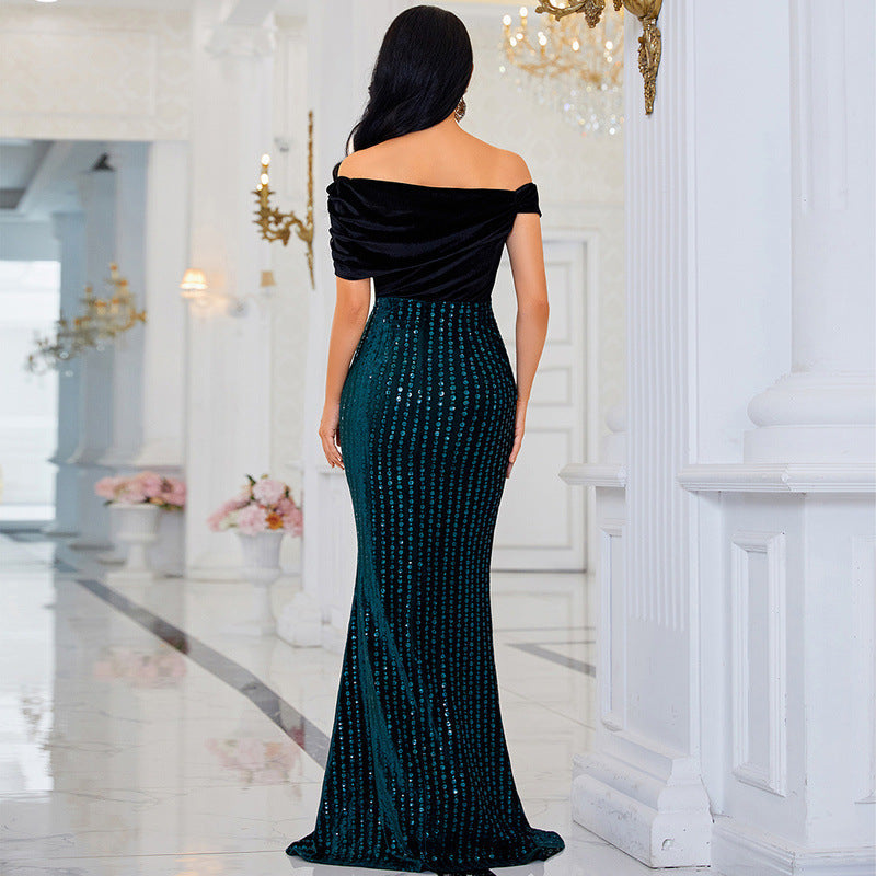 High-End Green off-Neck Sequined Banquet Sheath Fishtail Evening Dress for