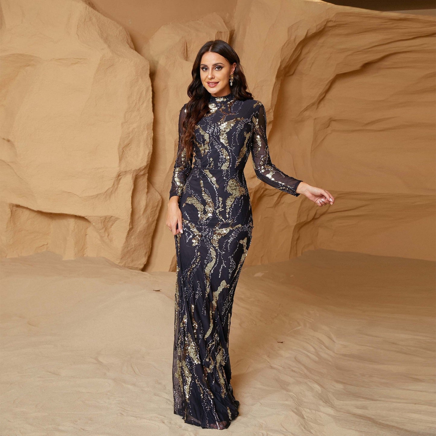 Long Sleeve Crew Neck Slim Long Sequined Cocktail Evening Dress Bridesmaid