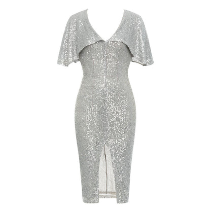 Dress for Simple V neck Flounced Sleeve Short Sleeve Sequined Party Split Dress