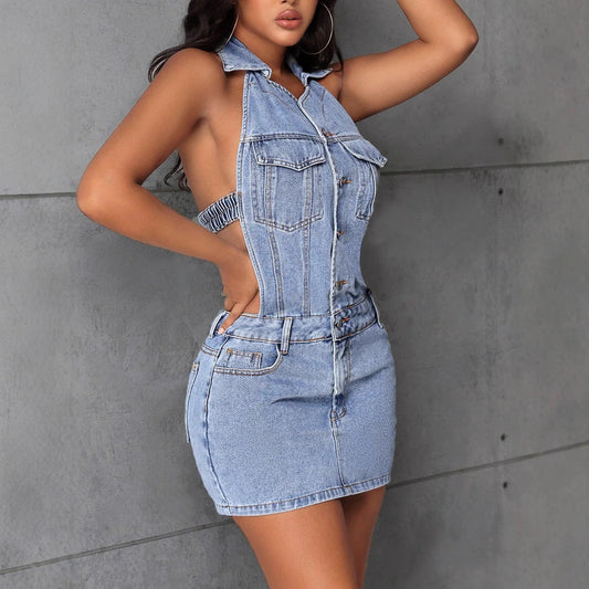 Halter Backless Denim Dress