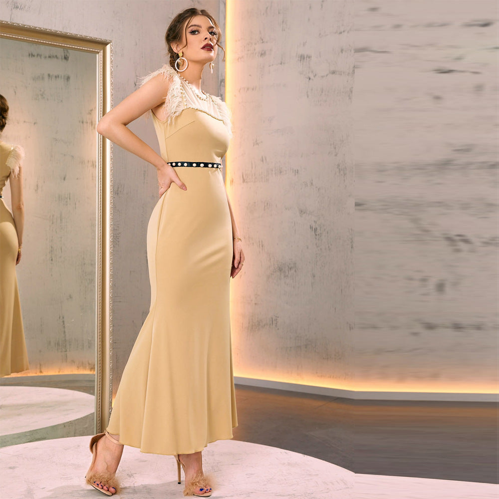 Patchwork Feather Vest High Waist Dress