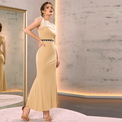 Patchwork Feather Vest High Waist Dress