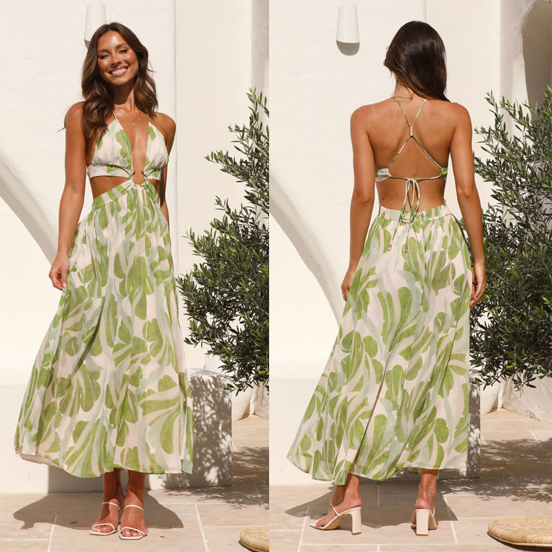V neck Backless Lace Printing Swing Maxi Dress