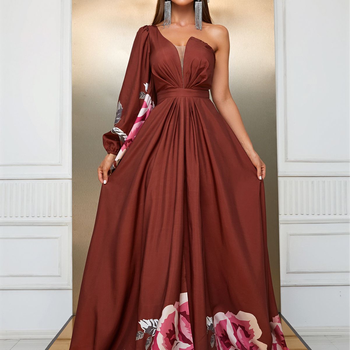 Design Maxi Dress Chiffon Single Sleeve Maxi Dress Split Print Dress