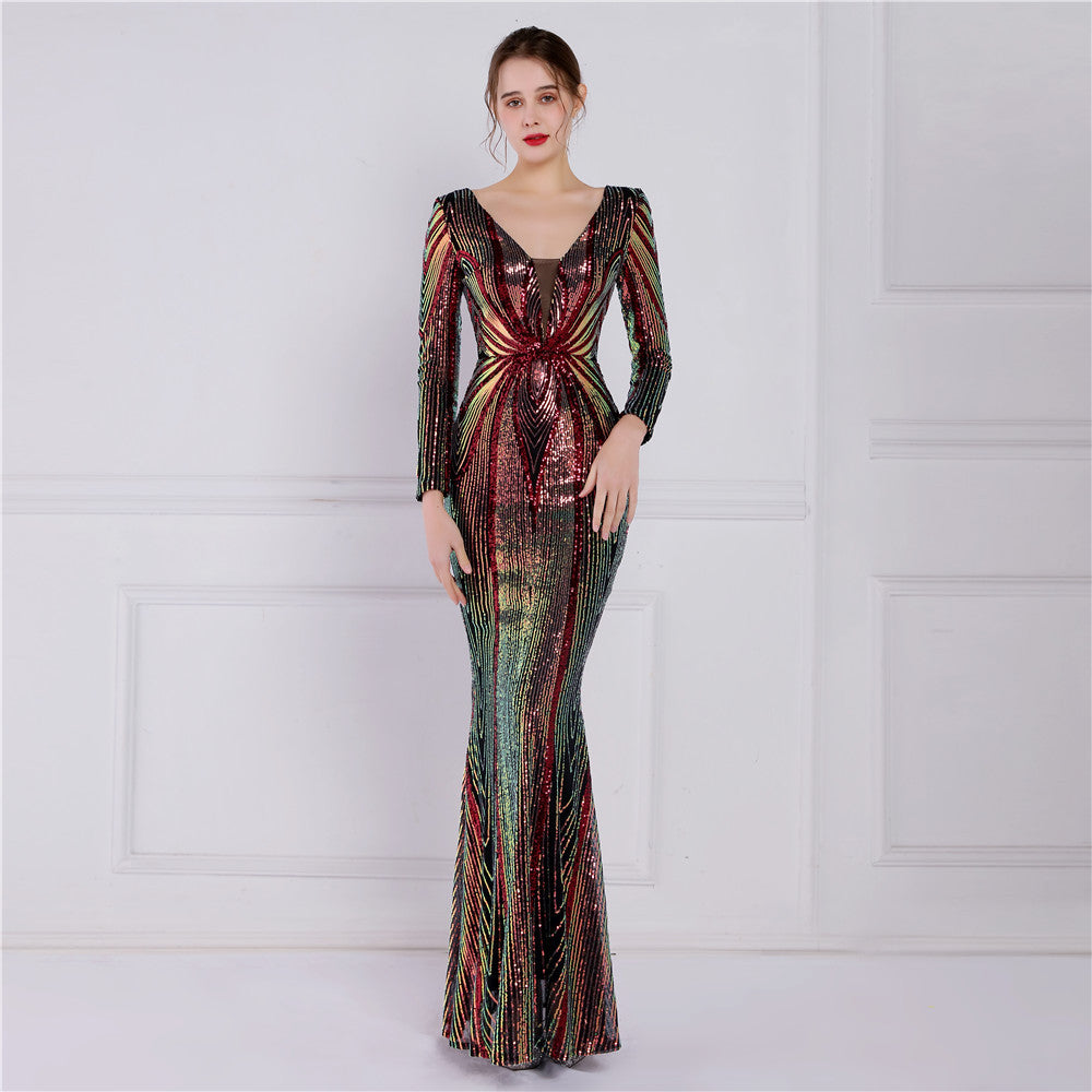 Positioning Floral Sequin Evening Banquet Elegant Long Sleeve Sequined Queen Fishtail Dress