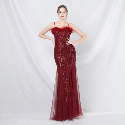 Craft Order Ostrich Feather Mesh Sequined Long Evening Dress