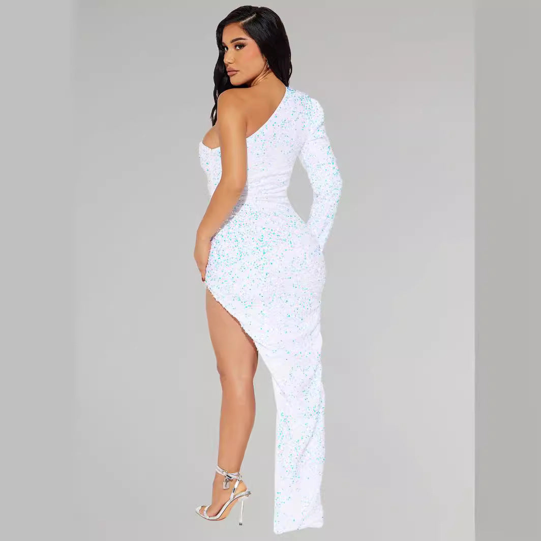 Sequined One Shoulder Long Sleeve High Slit Dress Long