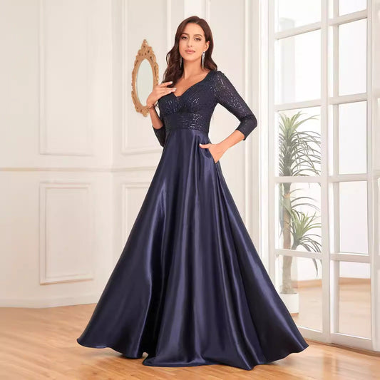 Blue Color Sequin V neck Long Sleeve Dress Satin Dress Slim Fit A line Dress Bridesmaid Cocktail Evening Dress