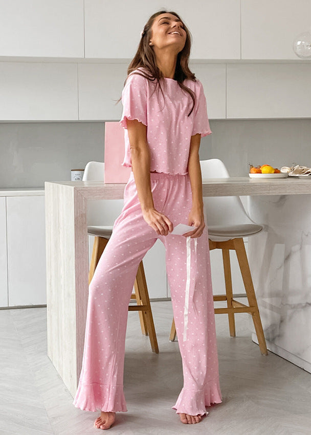 Polka Dot Lounge Set with Ruffle Hem