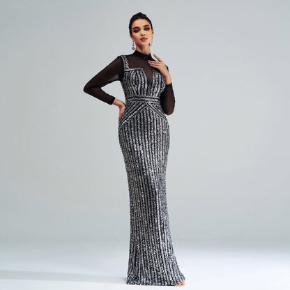 Long Sleeved round Neck Slim Fit Sheath Cocktail Sequined Fishtail Evening Dress