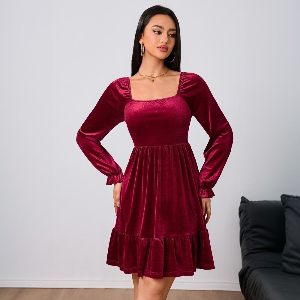 French Velvet Wine Red Dress  Midi Dress