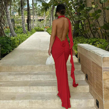 French Big Backless Maxi Dress Slim Halter Dress