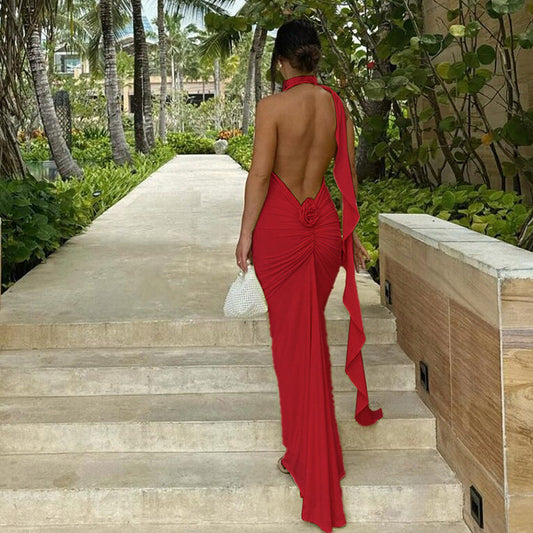 French Big Backless Maxi Dress Slim Halter Dress