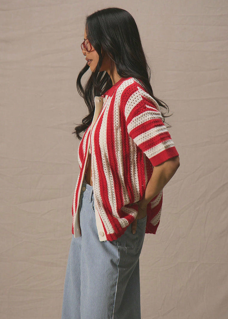 Marseille Stripe - Crochet Knit Button-Up Shirt