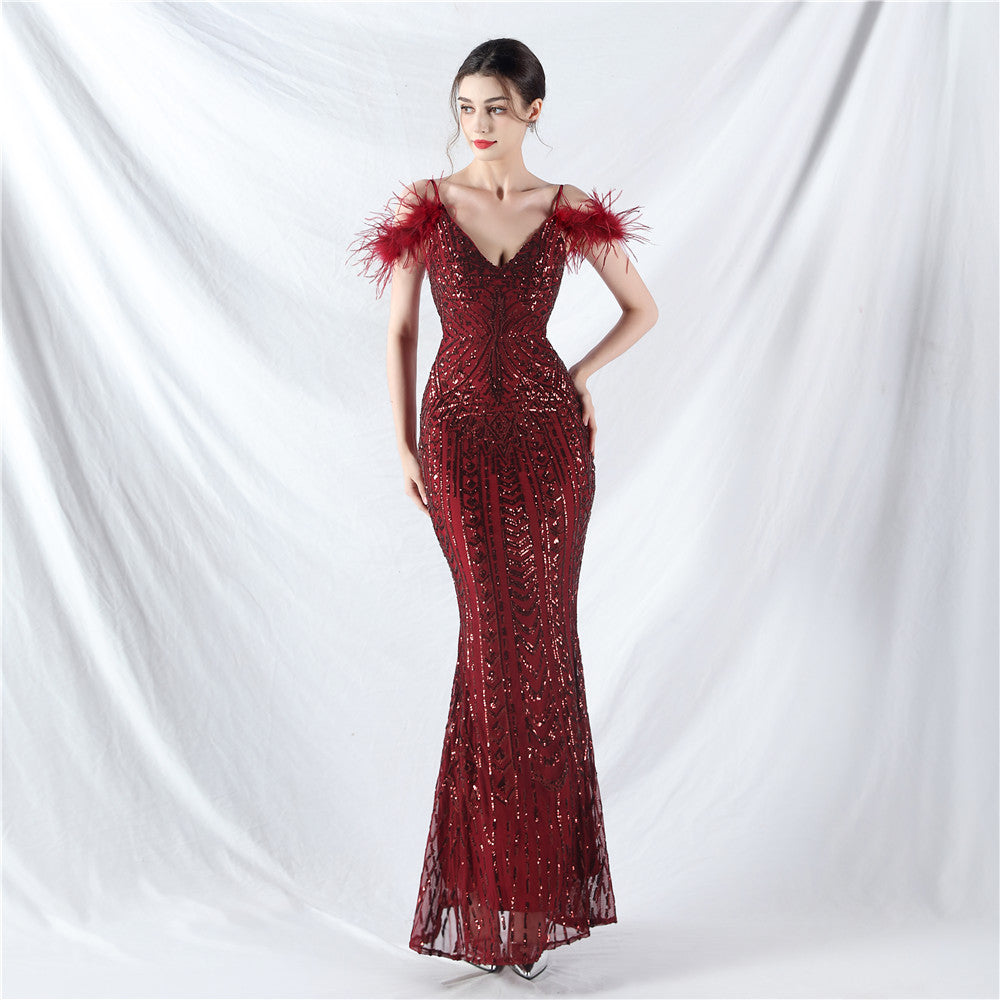 Positioning Floral Sequin Craft Order Ostrich Hair High End Evening Dress