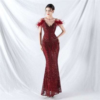 Positioning Floral Sequin Craft Order Ostrich Hair High End Evening Dress