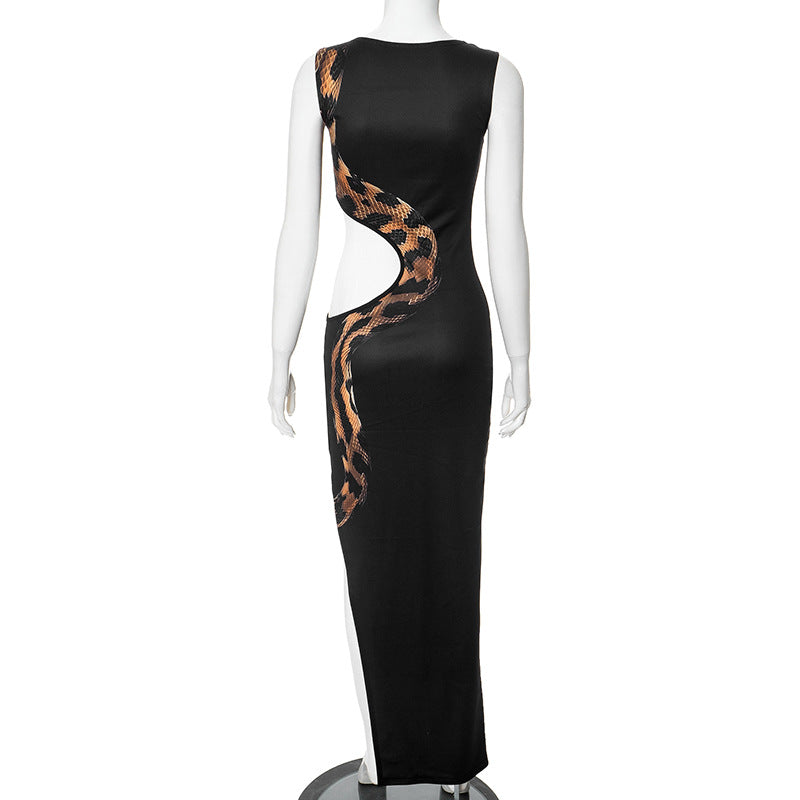 High Slit Hollow Out Snake Print Maxi Dress