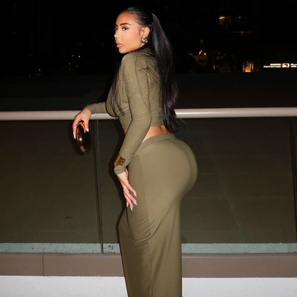 Comfort Casual Solid Color Cropped Skirt Set Maxi Dress Long Sleeve Diagonal Collar Two Piece Set