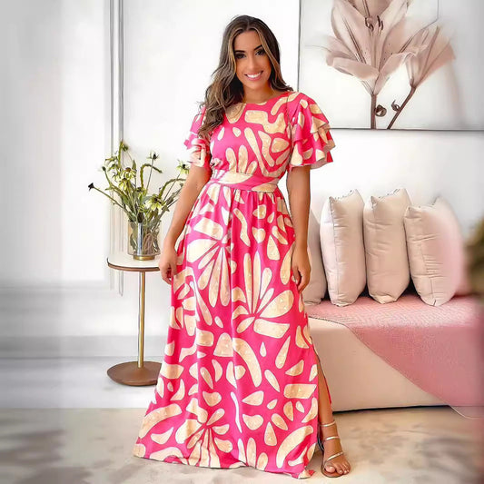 Casual Printed Dress Side Slit Stringy Selvedge Short Sleeve Maxi Dress