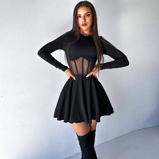 Fall Half High Collar Long Sleeves Mesh Patchwork See through Boning Corset Tight Waist Short Dress
