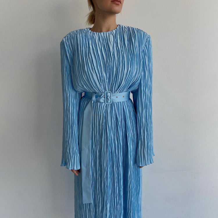 Long Sleeved Belt Pleated Dress Office High Sense Loose Maxi Dress