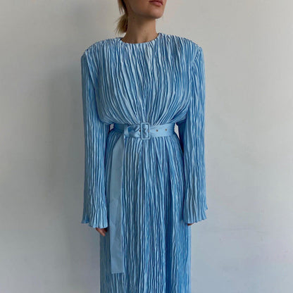 Long Sleeved Belt Pleated Dress Office High Sense Loose Maxi Dress