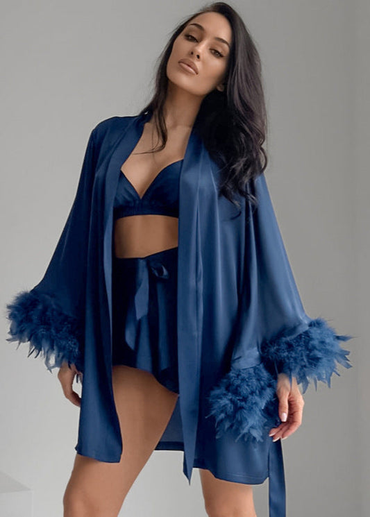 Feather Trim Satin Loungewear Set