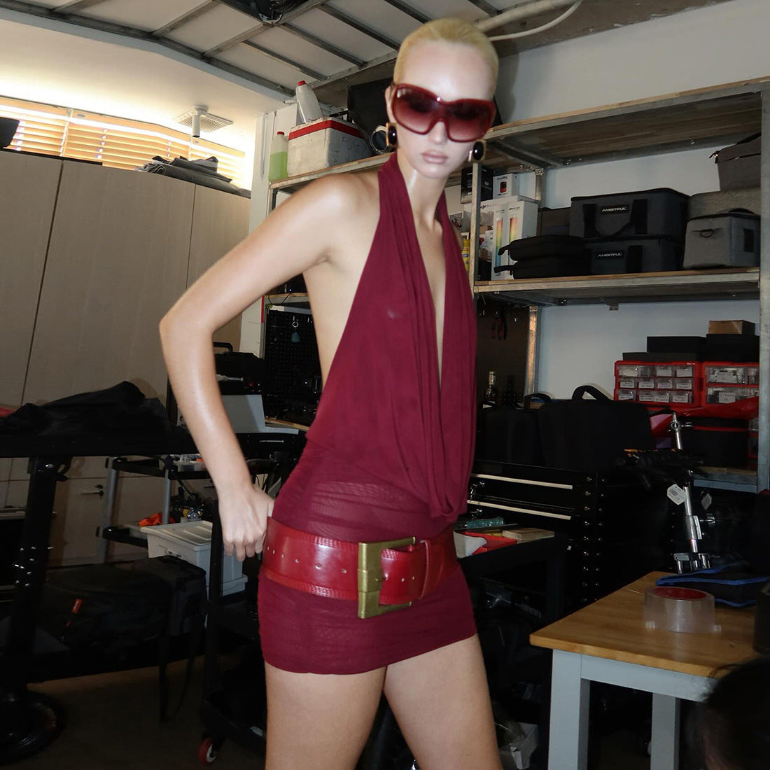 Deep V Halter Neck Waist Dress