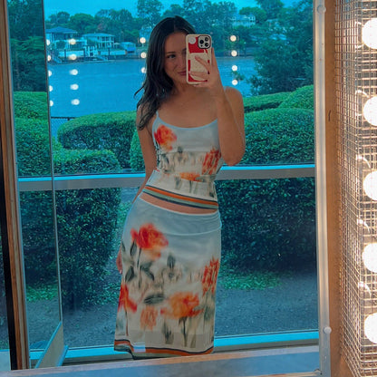 Vacation Skirt Two Piece Retro Sunset Tie Dye Printed Tube Top Dress Sling Mid Length Skirt Set