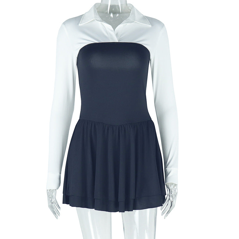 Solid Color Stitching Contrast Color Cardigan Shirt Collared Faux Two Pieces Dress Tide Dress