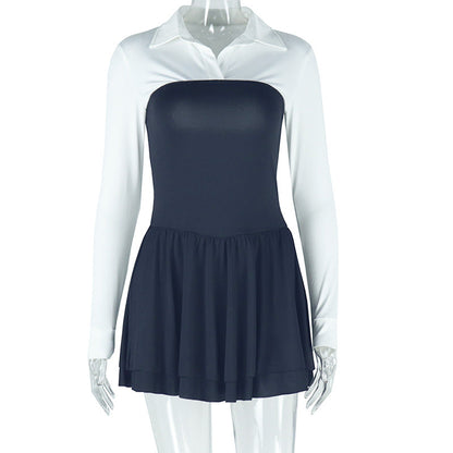 Solid Color Stitching Contrast Color Cardigan Shirt Collared Faux Two Pieces Dress Tide Dress