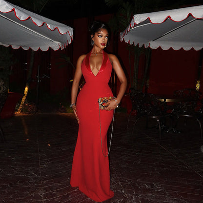 Sleeveless Deep V Plunge-neck Halter Backless High Waist Dress